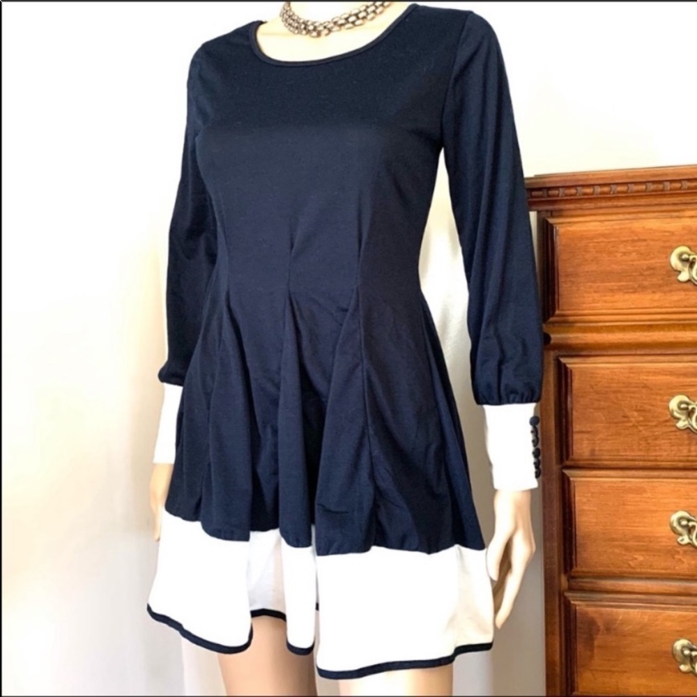 Vintage Navy and White Nautical Flared Sailor Dress Long Sleeve Mini Dress